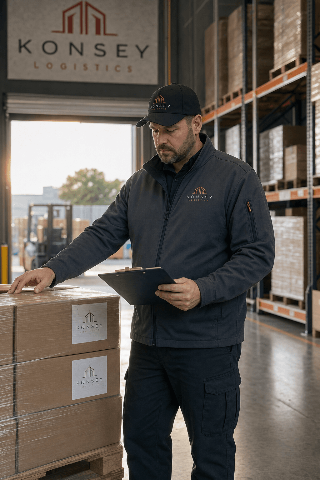 Konsey Logistics team member inspecting inventory in the Cinnaminson warehouse, Monday morning quality check