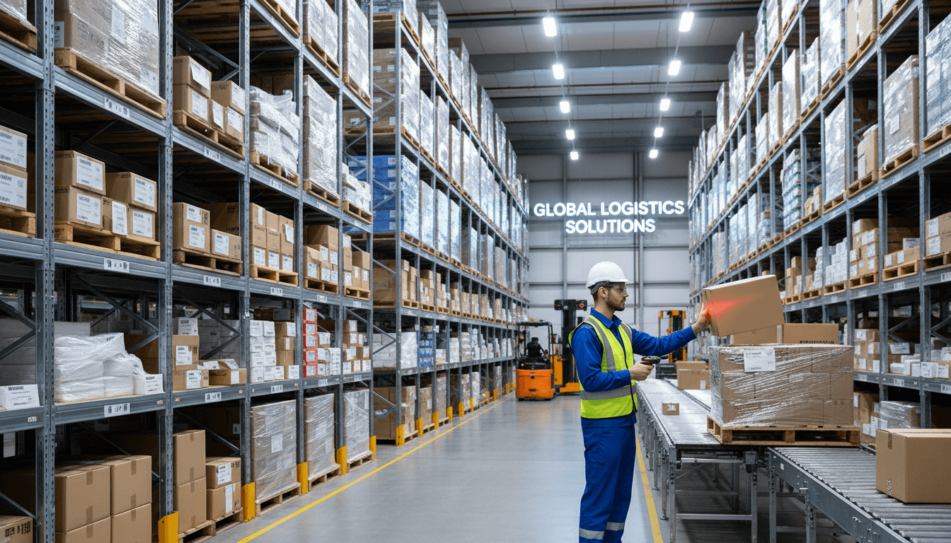 Warehouse shelves with neatly stacked packages ready for shipping