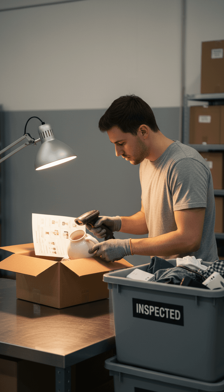 Worker inspecting a returned product at a processing station