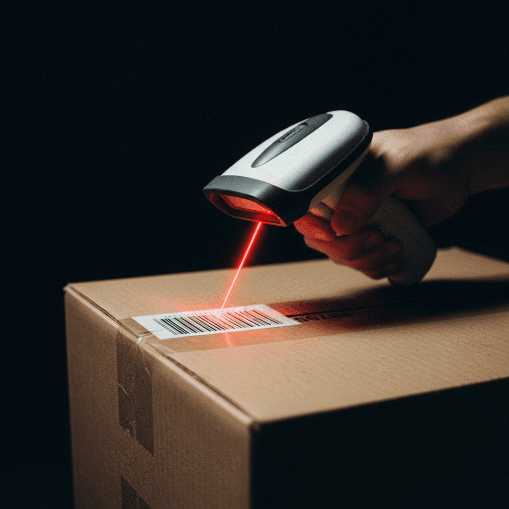 Barcode scanner reading a label on a box