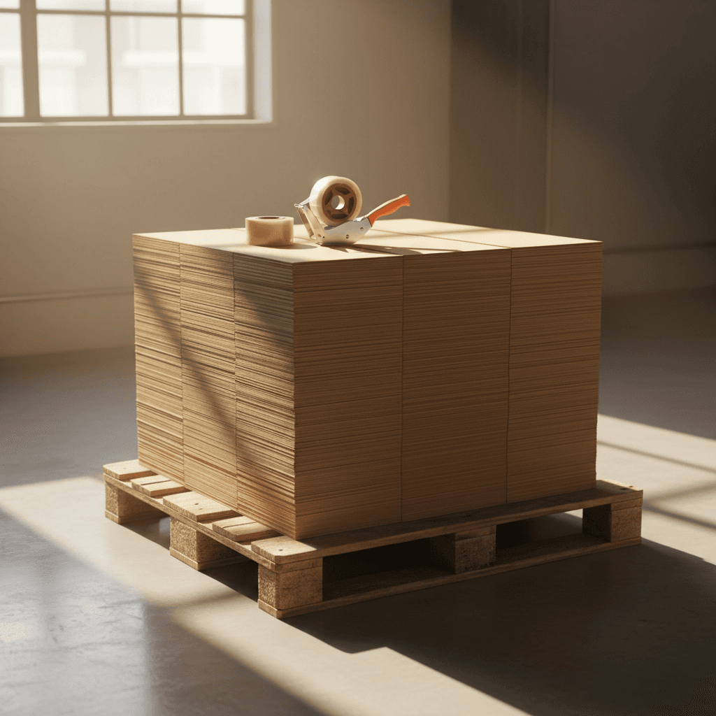Stack of boxes and packing tape dispenser on a pallet