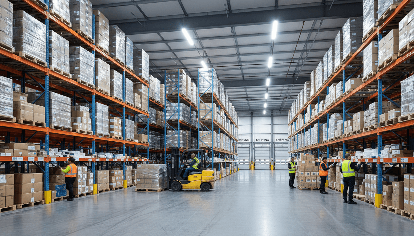 Inside a busy warehouse with tall pallet racks and workers moving inventory