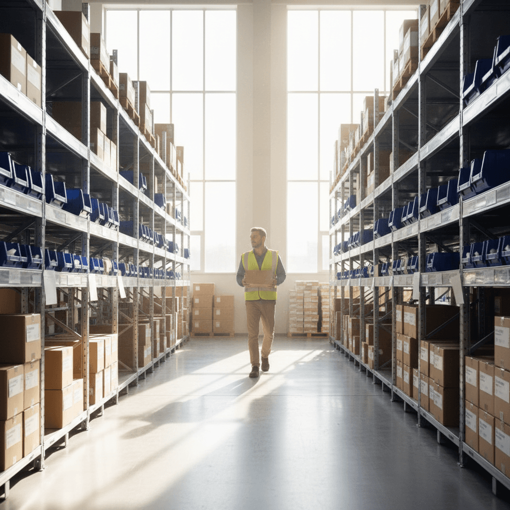 Organized warehouse aisle with shelving