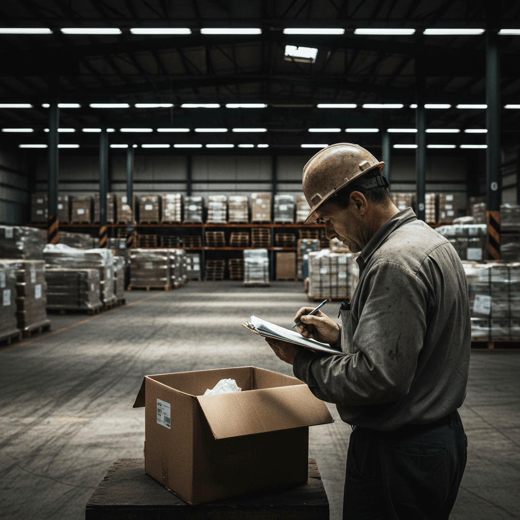 Worker receiving inventory in a warehouse with clipboard