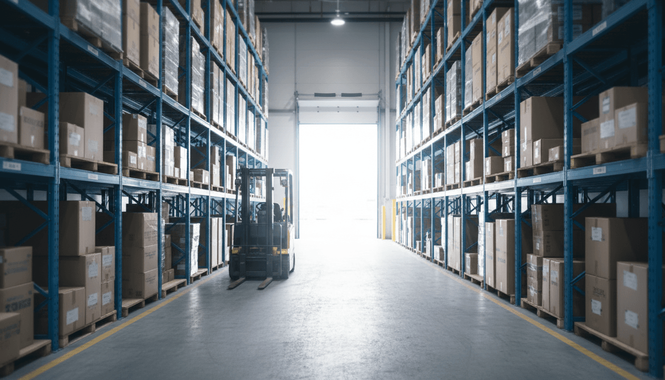 Warehouse aisle with stacked boxes leading toward a bright loading dock