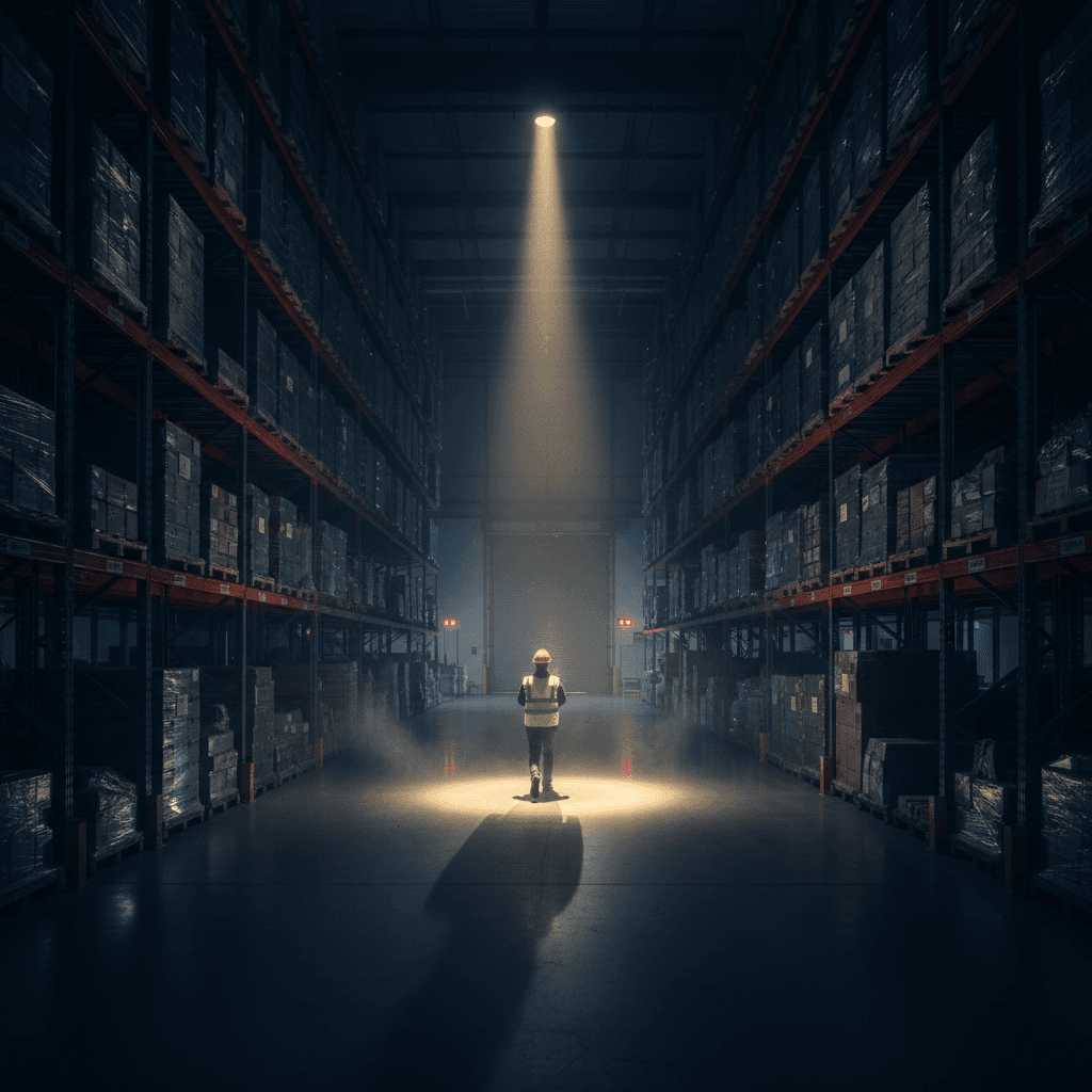 Night shift worker walking down a warehouse aisle
