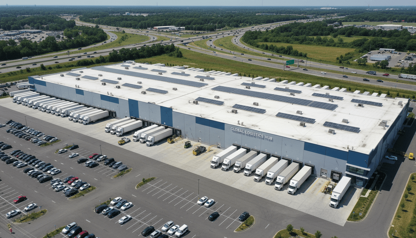 Aerial view of a modern logistics warehouse in New Jersey with trucks at the loading docks
