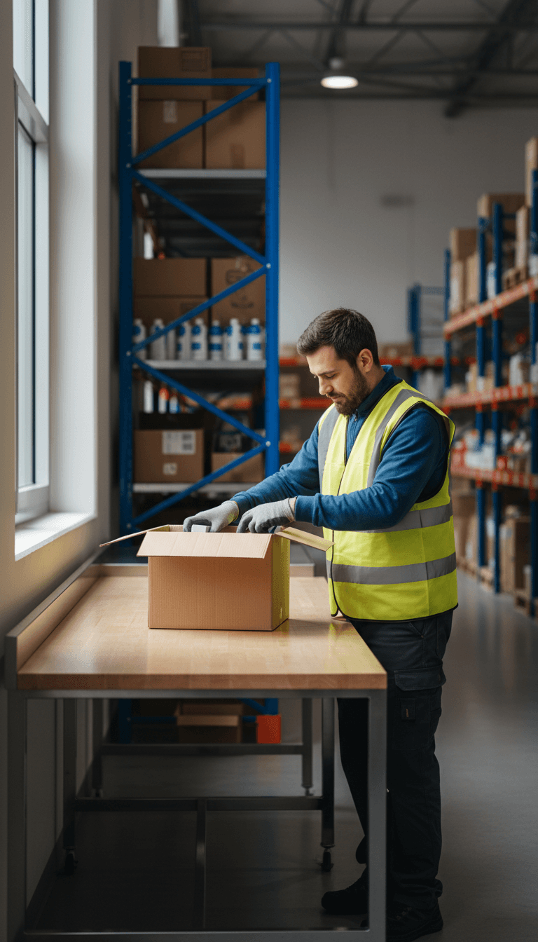 Box being taped shut on a clean warehouse bench