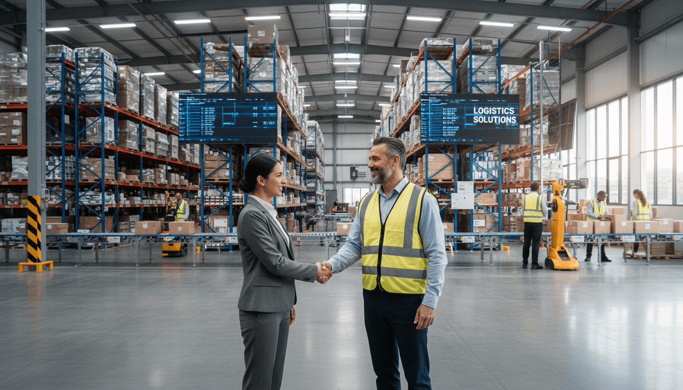 Two logistics professionals shaking hands in a modern warehouse facility