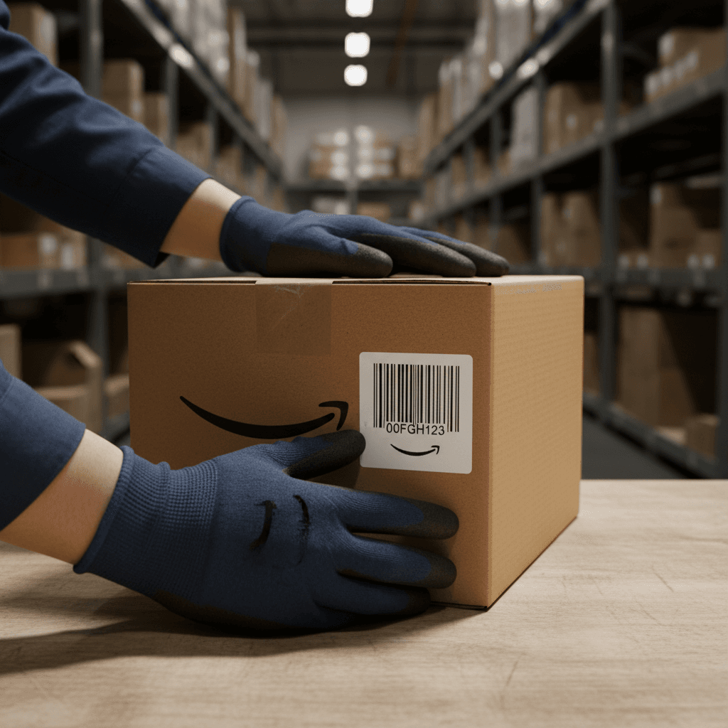 Worker hands applying Amazon FBA label to product box on packing table