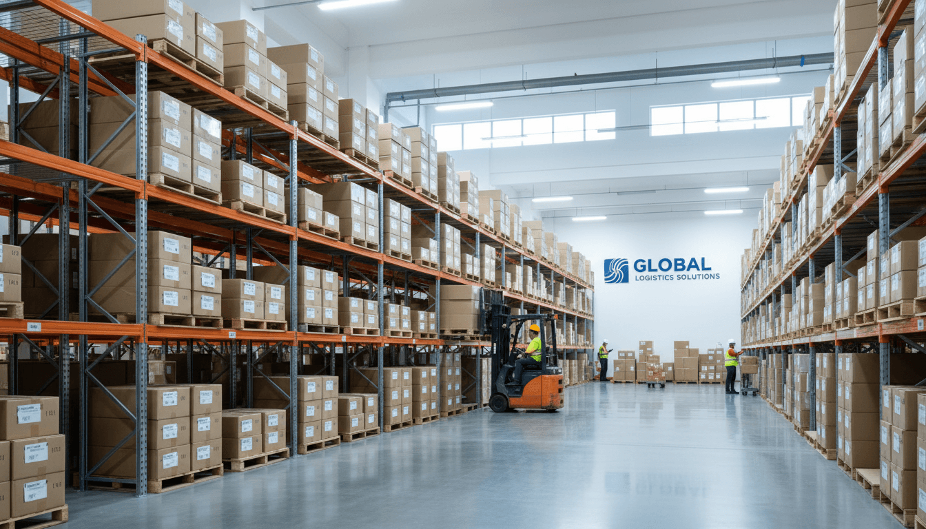 Professional fulfillment center warehouse with stacked boxes and worker in background bright modern logistics facility