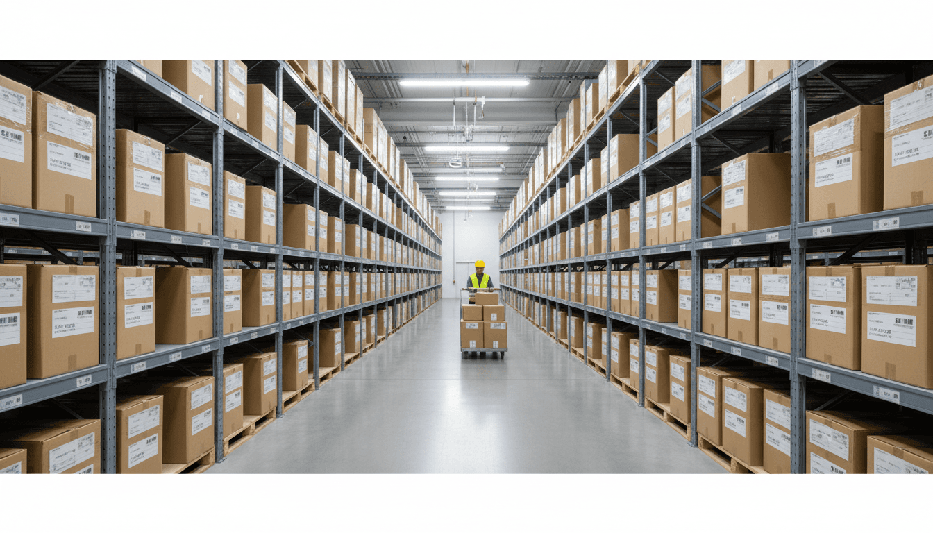 Worker pushing a cart stacked with parcels through a clean, well-organized fulfillment center aisle