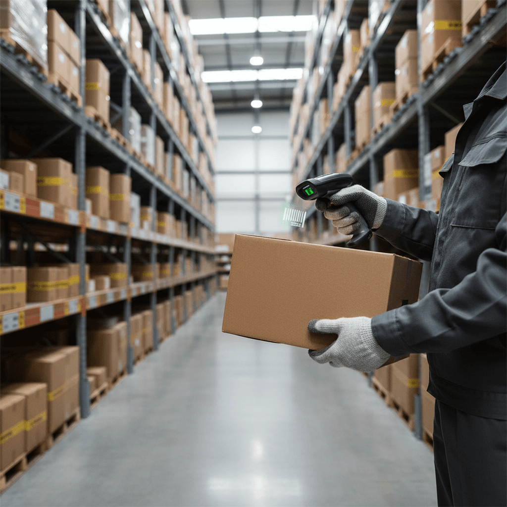 Warehouse worker scanning inventory barcode