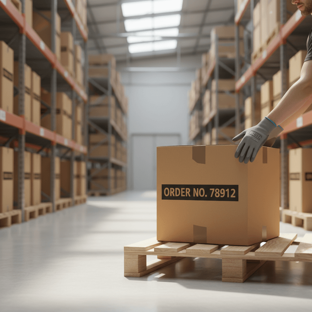 Worker placing packed box onto pallet in fulfillment center