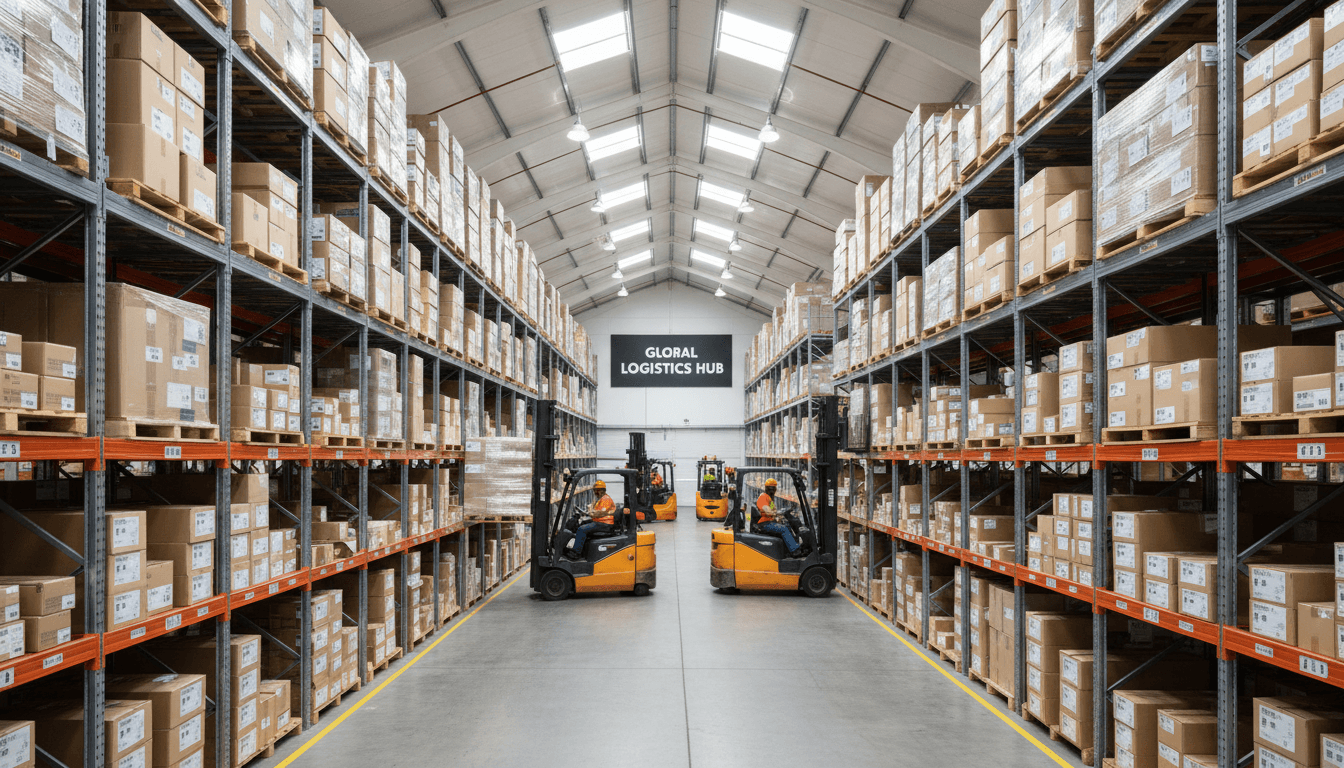 Logistics warehouse workers moving inventory with forklifts and racking systems