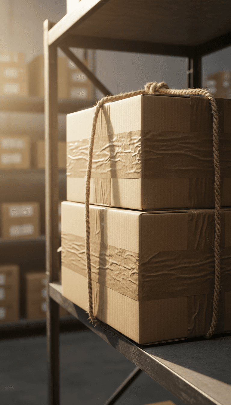 Stack of packed boxes on warehouse shelf