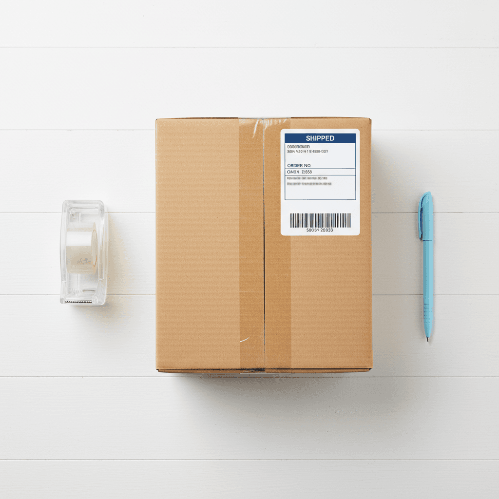 Sealed shipping box with label on a clean table